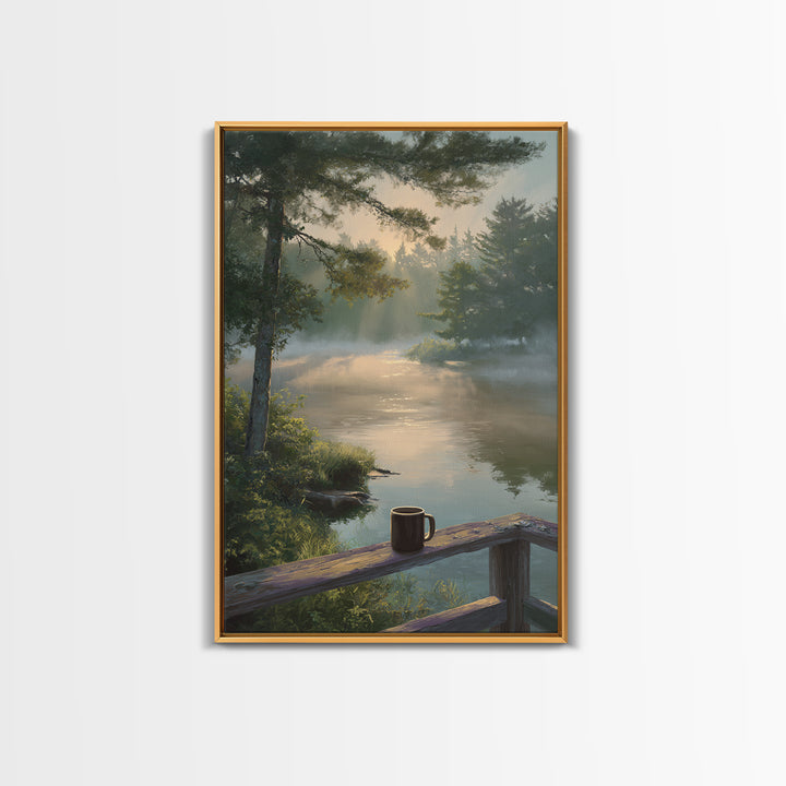 Peaceful Morning River Scene With Coffee Cup Landscape Wall Art Serene Nature Canvas Print For Cozy Home And Bedroom Decor