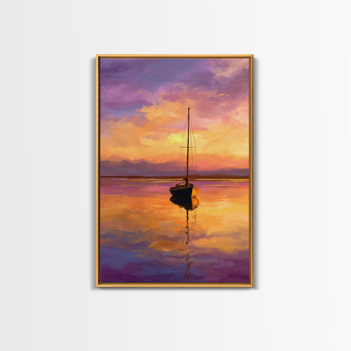 Colorful Sailboat At Sunset Over Calm Water Ocean Scene Painting | Tranquil Wall Art Modern Home Decor Framed Canvas Print