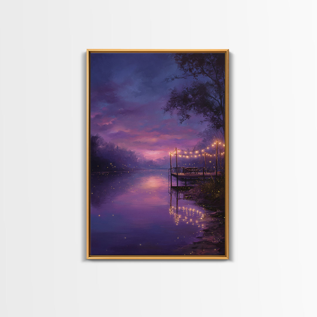 Enchanting Twilight River Scene With Glowing Fireflies And String Lights Romantic Canvas Print For Home Decor