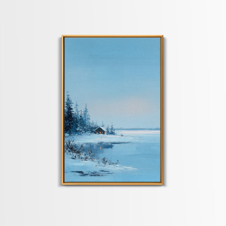 Winter Landscape With Snowy Trees And Cabin Cozy Calm Scene Canvas Print Wall Art For Bedroom Living Room And Rustic Home Decor