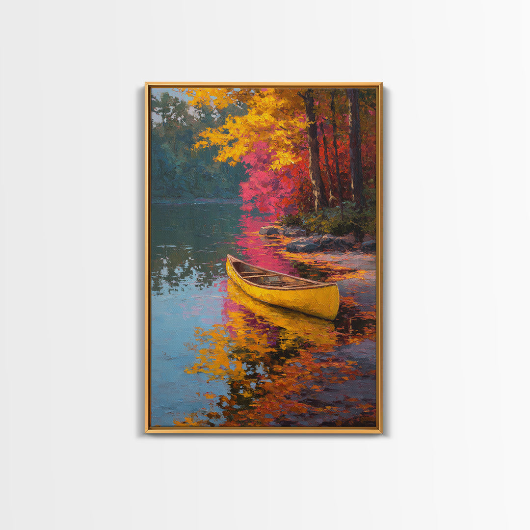 Serene Yellow Canoe On Reflective Autumn Lake Landscape Painting Framed Canvas Print for Peaceful Wall Art And Living Room Decor
