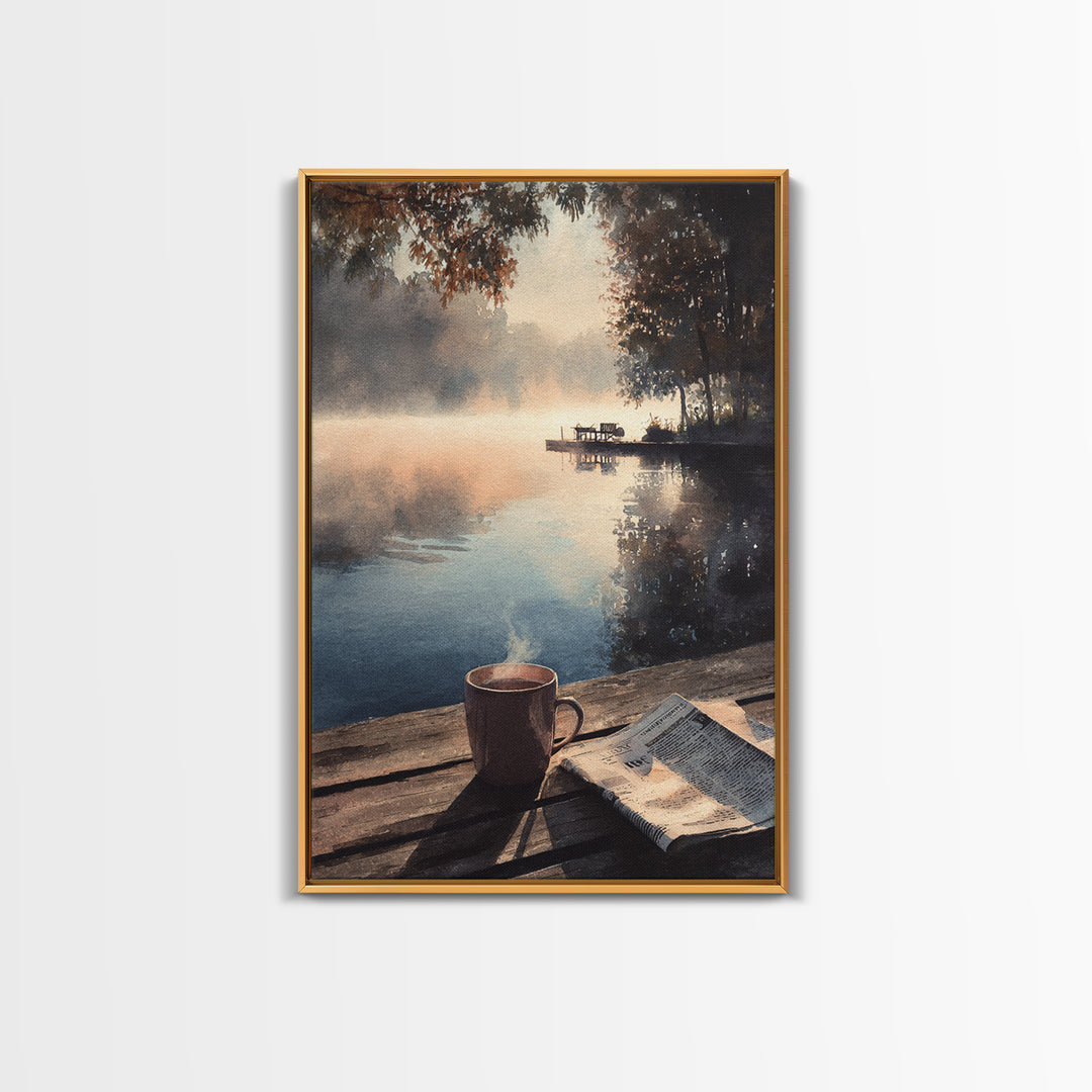 Cozy Lakeside Morning With Steam Rising Over Coffee Mug Watercolor Painting Wall Art Print For Bedroom Or Reading Nook