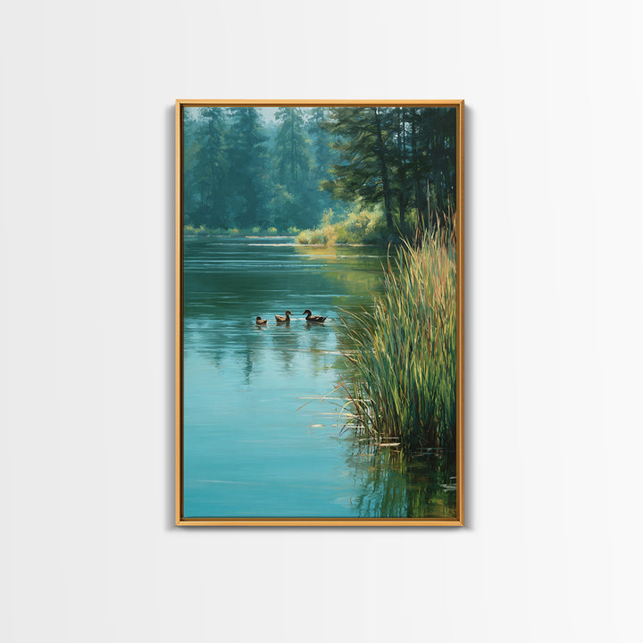 Tranquil Ducks On A Calm Lake Nature Scene Oil Painting Canvas Print For Rustic Living Room Wall Art And Cabin Home Decor