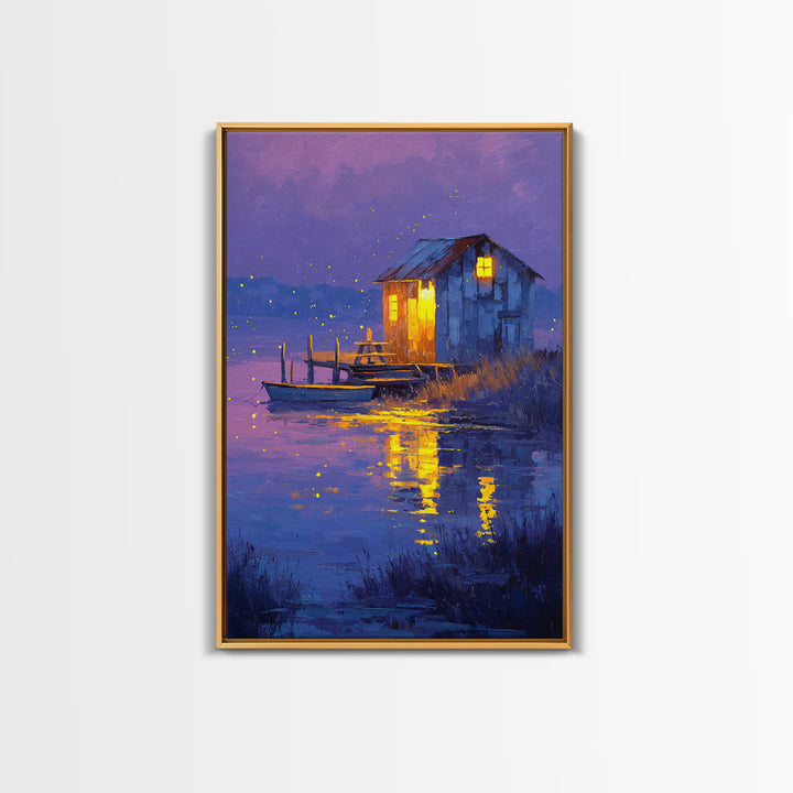 Rustic Night Lakeside Cabin With Boat Oil Painting Wall Art For Cozy Living Room Decor And Tranquil Bedroom Framed Canvas Print