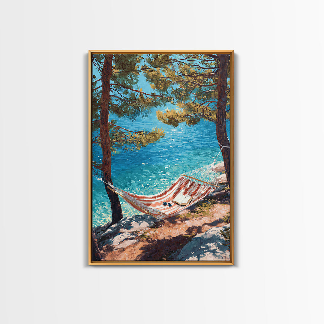 Tranquil Coastal Scene With Hammock Overlooking Sparkling Blue Ocean Landscape Painting Canvas Print Framed Canvas Print Wall Art Decor