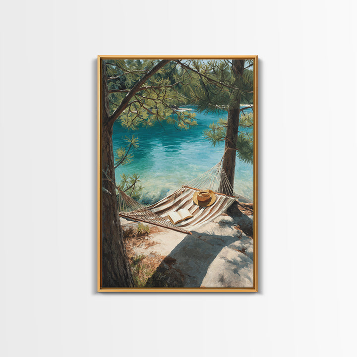 Tranquil Lakeside Hammock Scene Canvas Print, Relaxing Summer Vacation Wall Art, Cozy Home Decor Living Room Art