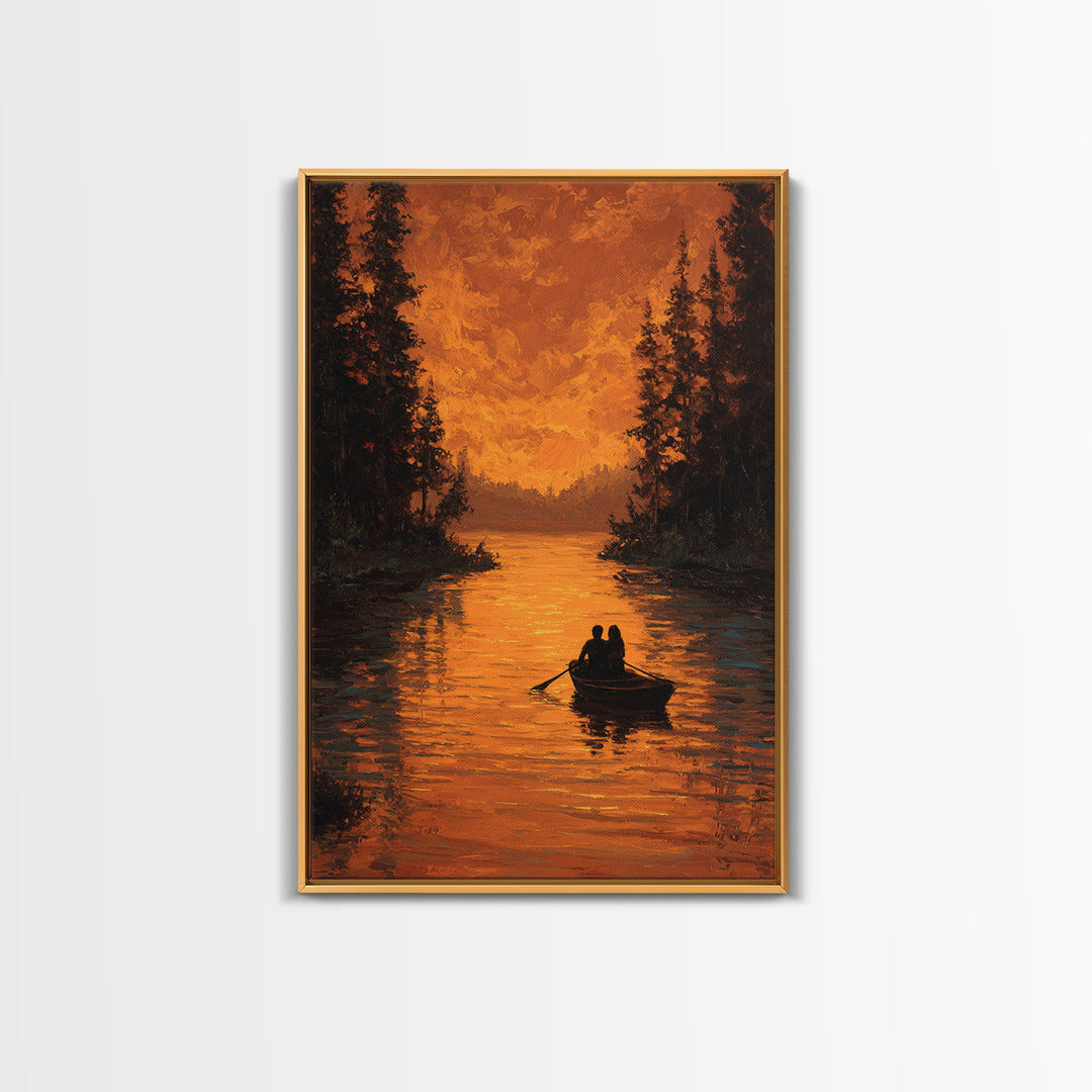Romantic Autumn Evening Couple Rowing Boat Sunset Landscape Painting Large Wall Art Framed Canvas Print