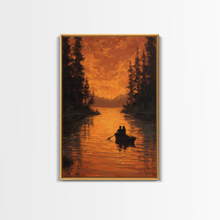 Romantic Autumn Evening Couple Rowing Boat Sunset Landscape Painting Large Wall Art Framed Canvas Print