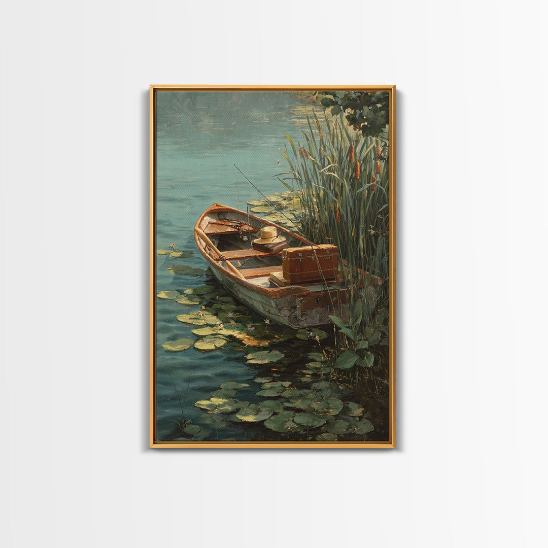 Cozy Contemporary Fishing Boat by Waterfall Original Oil Painting Wall Art Framed Canvas Print for Rustic Decor