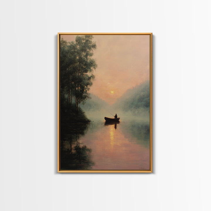 Peaceful Sunrise Lake Fisherman Landscape Oil Painting Large Wall Art Framed Canvas Print Rustic Decor