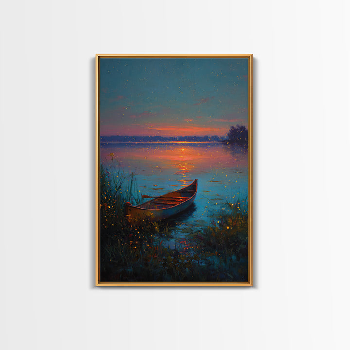 Serene Firefly Canoe Landscape At Twilight Oil Painting Large Wall Art Framed Canvas Print For Relaxing Home And Living Room