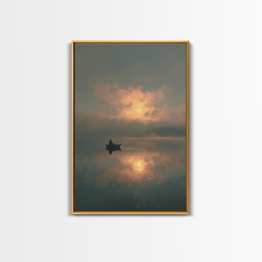 Peaceful Lone Fisherman At Sunset Canvas Print, Serene Lake Scene Wall Art, Tranquil Home Decor For Living Room