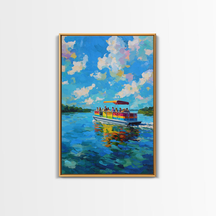 Vibrant Colorful Boat On Lake Under Blue Sky Bright Contemporary Painting Wall Art Framed Canvas Print