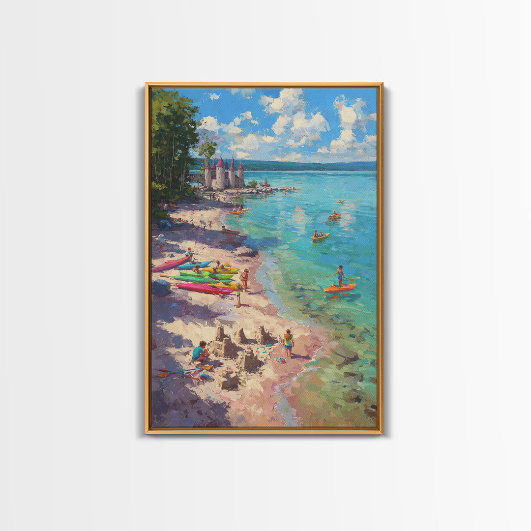 Impressionist Coastal Village Landscape Painting With Water And Boats Traditional Wall Art Large Framed Canvas Print