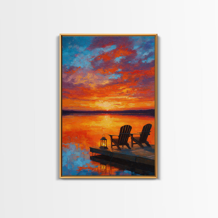 Warm Vibrant Sunset Lake Dock Scene Oil Painting Canvas Print Large Wall Art For Cozy Home Decor Living Room