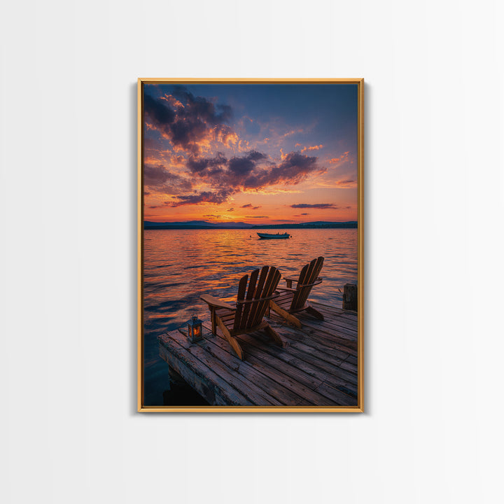 Serene Sunset Over Lake With Adirondack Chairs On Dock Classic Landscape Wall Art Canvas Print