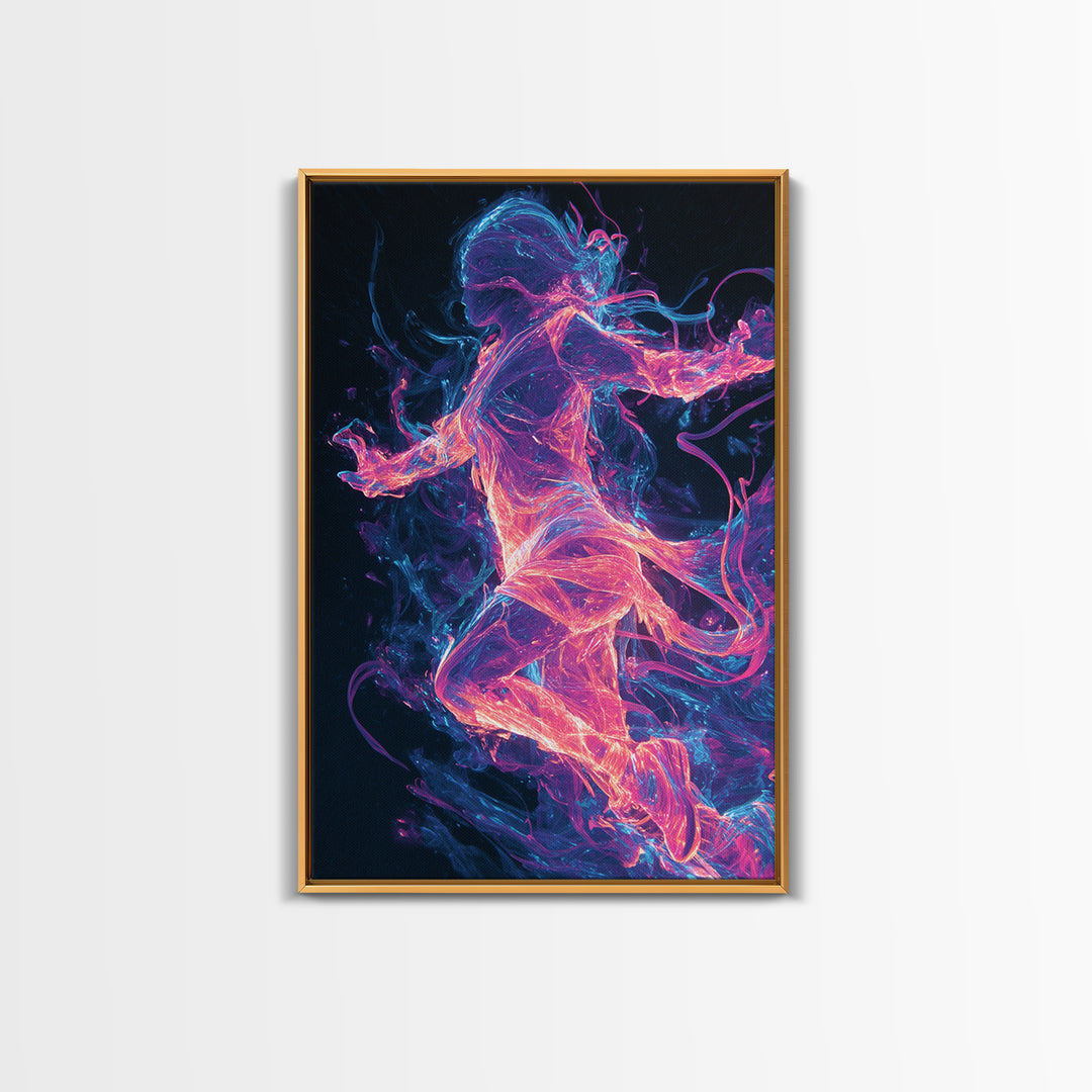 Neon Energy Dancer Framed Canvas Print, Abstract Figurative Art, Cyberpunk Decor, Vibrant Wall Art, Gift For Her, Modern Living Room Decor