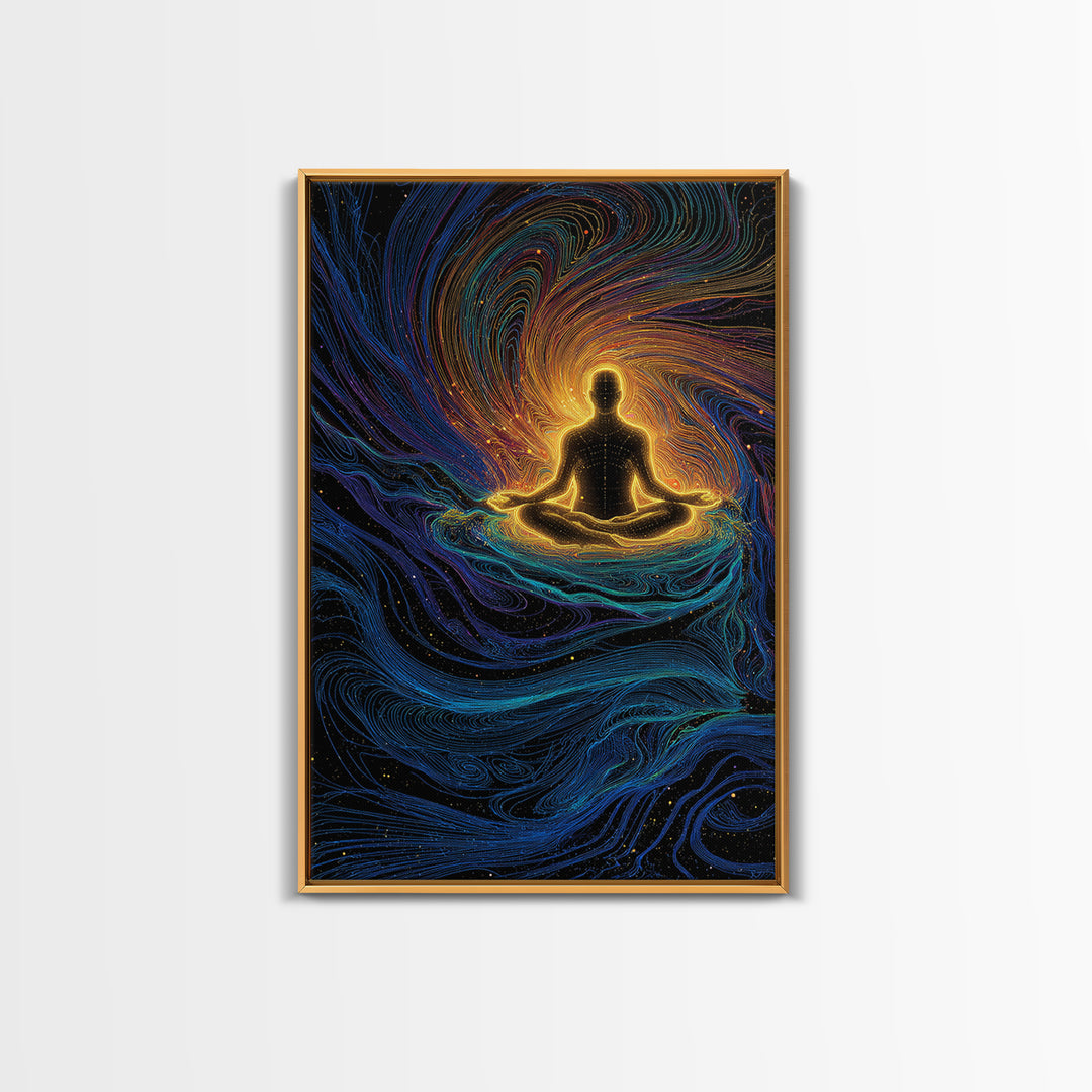 Glowing Meditation Figure Canvas Print, Spiritual Energy Wall Art, Psychedelic Zen Decor, Celestial Yoga Room Gift Decor