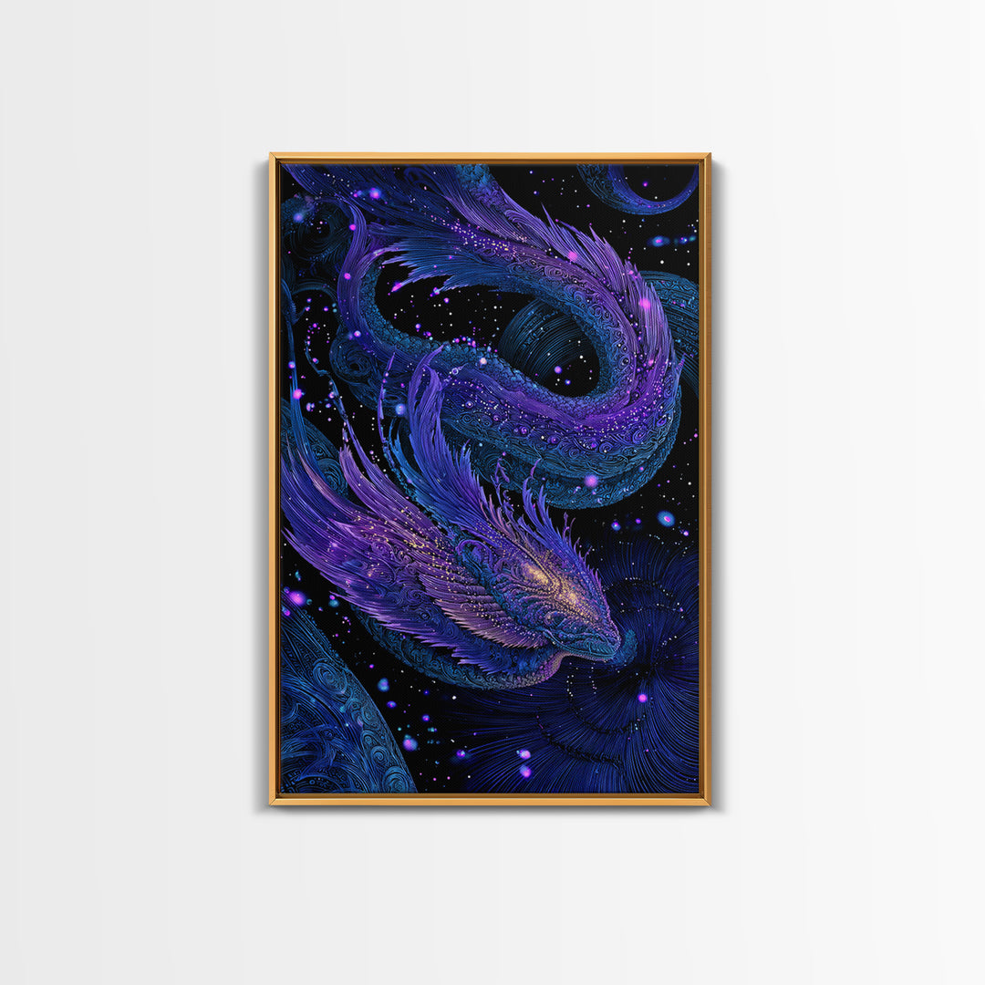 Celestial Twin Dragon Canvas Print, Purple Blue Fantasy Art, Mythical Space Wall Decor For Gamer Room And Unique Gift Idea