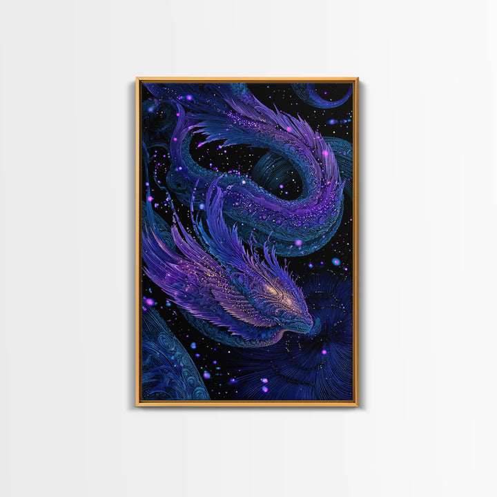Celestial Twin Dragon Canvas Print, Purple Blue Fantasy Art, Mythical Space Wall Decor For Gamer Room And Unique Gift Idea