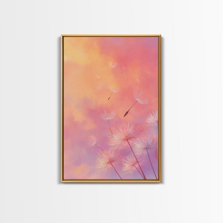 Floating Dandelion Seeds At Sunset Canvas Print, Pink Orange Wall Art For Bedroom Decor, Dreamy Feminine Nursery Art Gift