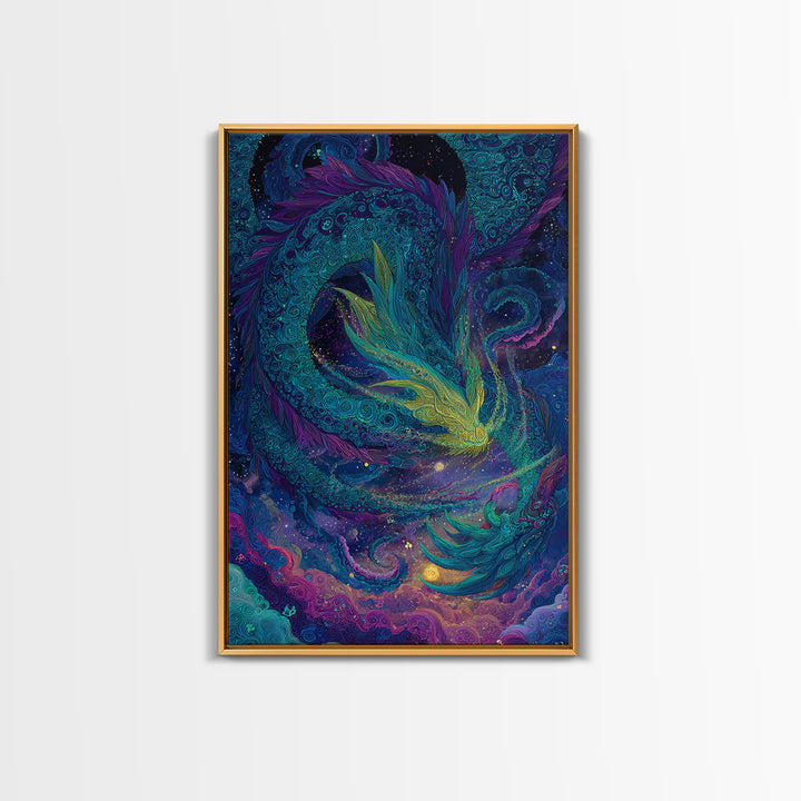 Cosmic Teal Dragon Wall Art, Fantasy Serpent Painting, Celestial Decor, Mystical Canvas, Unique Gift For Fantasy Lovers Decor