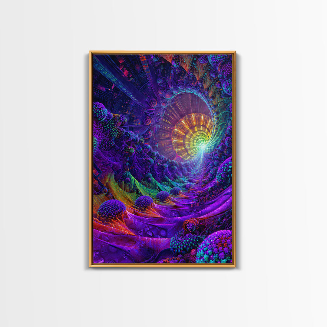 Neon Fractal Spiral Tunnel Canvas Print, Psychedelic Abstract Wall Art, Vibrant Futuristic Decor, Statement Artwork Gift