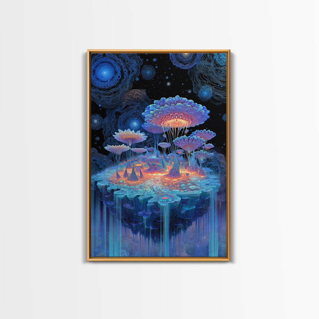 Bioluminescent Mushroom Island Framed Canvas Print, Fantasy Landscape Wall Art, Psychedelic Decor, Whimsical Nature Art