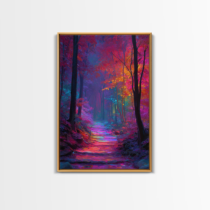 Vibrant Colorful Autumn Forest Path Wall Art With Bright Pink Yellow Foliage And Mystical Light Framed Canvas Print