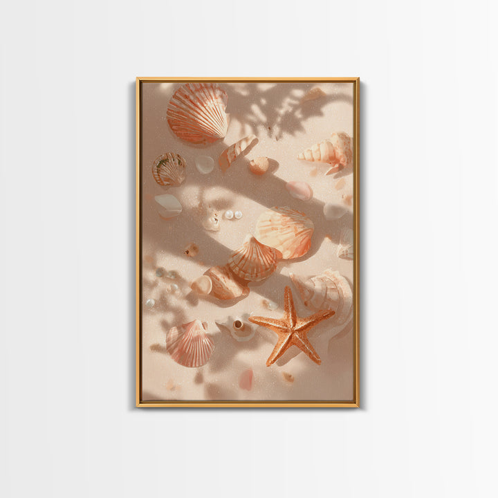 Sunlit Seashells And Starfish Framed Canvas Print, Coastal Wall Art For Beach House Decor, Nautical Bathroom Wall Decor Gift