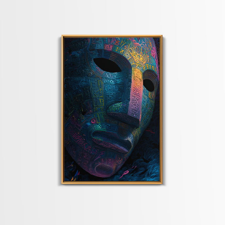 Neon Ancient Mask Portrait Wall Art, Dark Surreal Art Print, Psychedelic Gothic Decor, Futuristic Statement Artwork Gift