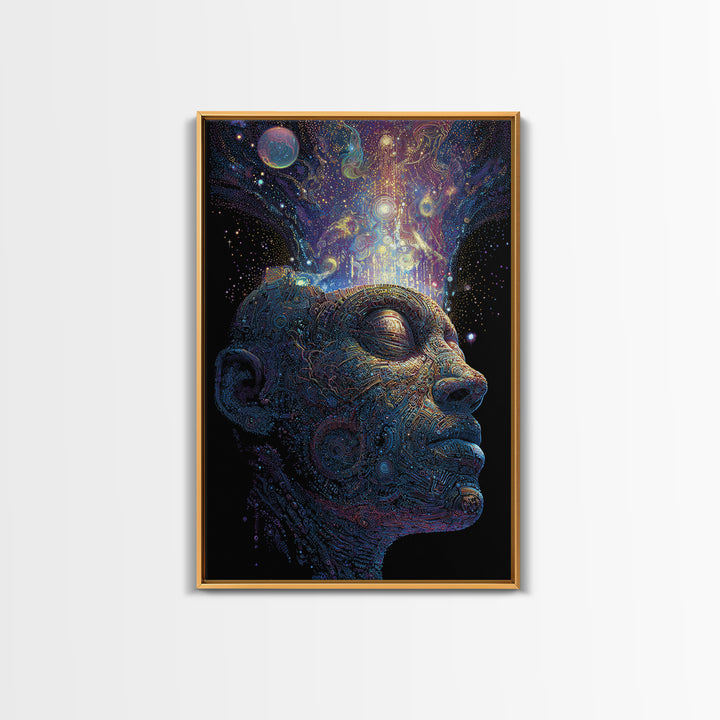 Cosmic Mind Portrait Framed Canvas Print, Psychedelic Space Wall Art, Visionary Consciousness Decor, Spiritual Gift For Him