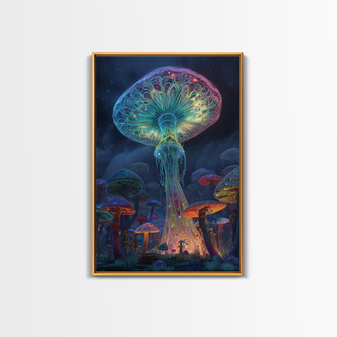 Vibrant Neon Mushroom Fantasy Landscape Canvas Print With Glowing Magical Fungi In A Mystical Night Forest Wall Art