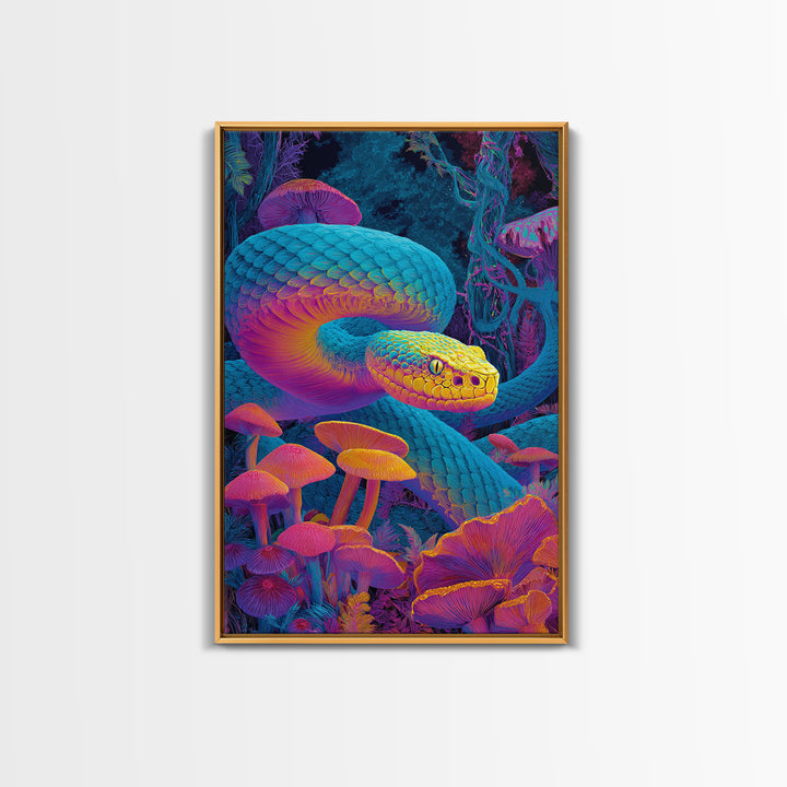Vibrant Psychedelic Snake and Mushroom Art Wall Art Canvas Print Colorful Modern Wall Decor