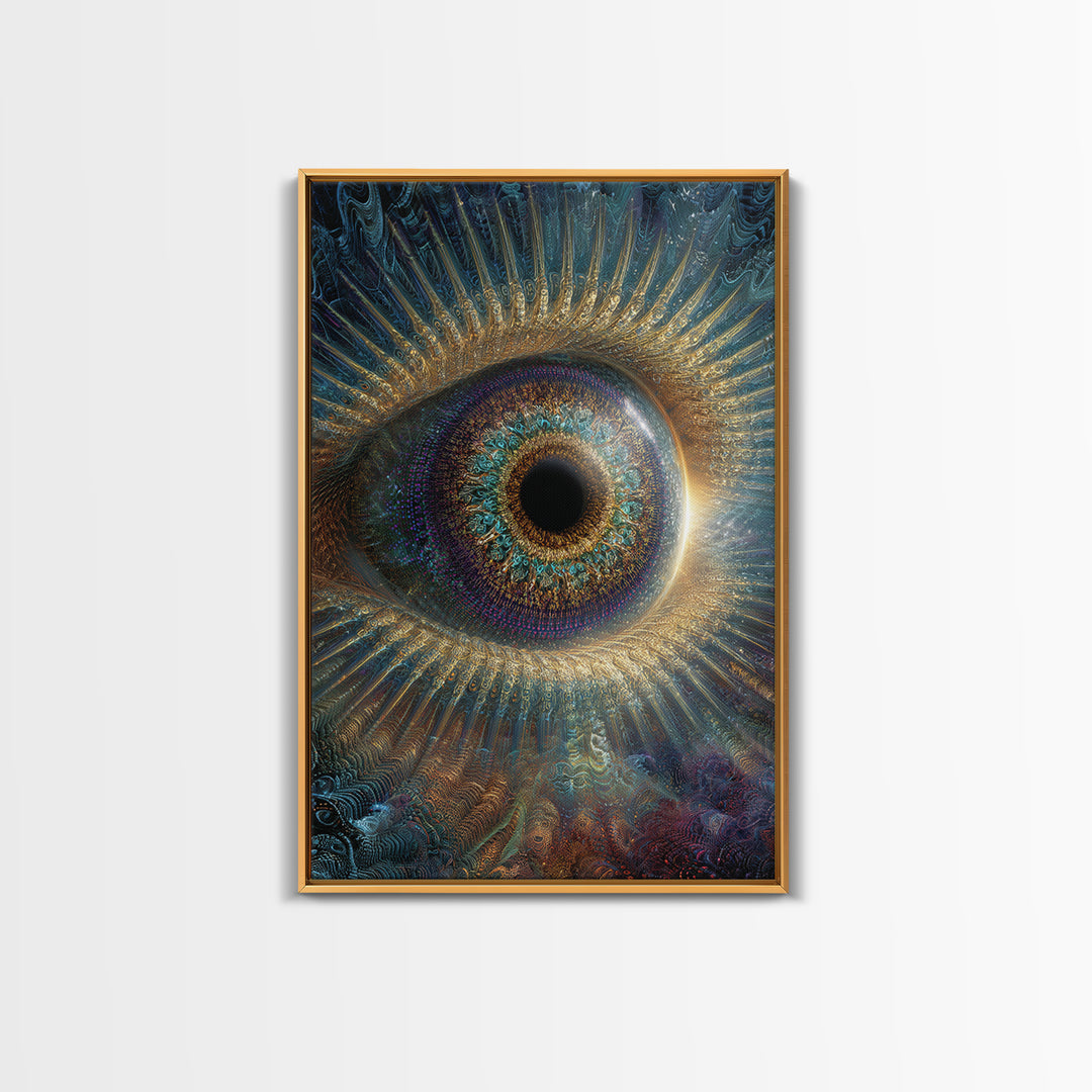 Surreal Cosmic Eye Wall Art, Mystical Iris Framed Canvas Print, Spiritual Vision Office Decor, Statement Artwork Gift For Him