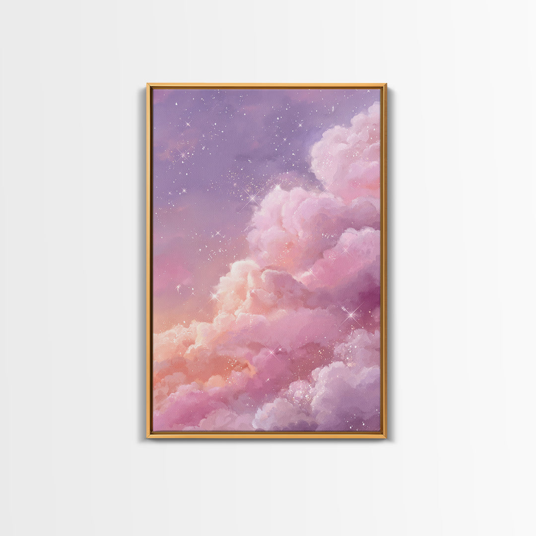 Sparkling Pink Clouds Under Starry Sky Canvas Print, Celestial Wall Art For Dreamy Bedroom Decor And Whimsical Nursery Decor