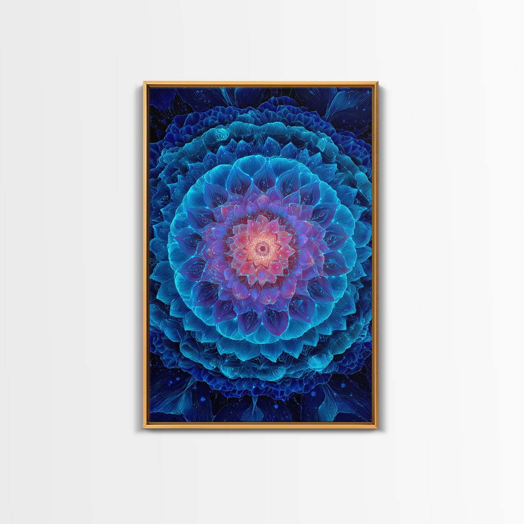 Glowing Blue Lotus Mandala Framed Canvas Print, Spiritual Wall Art, Meditation Decor, Celestial Abstract Art For Yoga Room