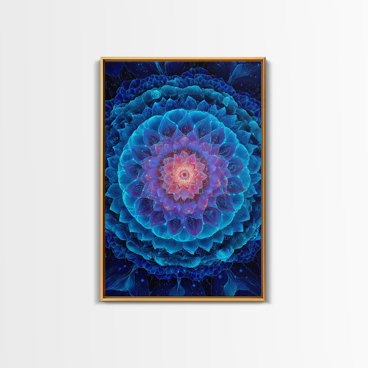 Glowing Blue Lotus Mandala Framed Canvas Print, Spiritual Wall Art, Meditation Decor, Celestial Abstract Art For Yoga Room
