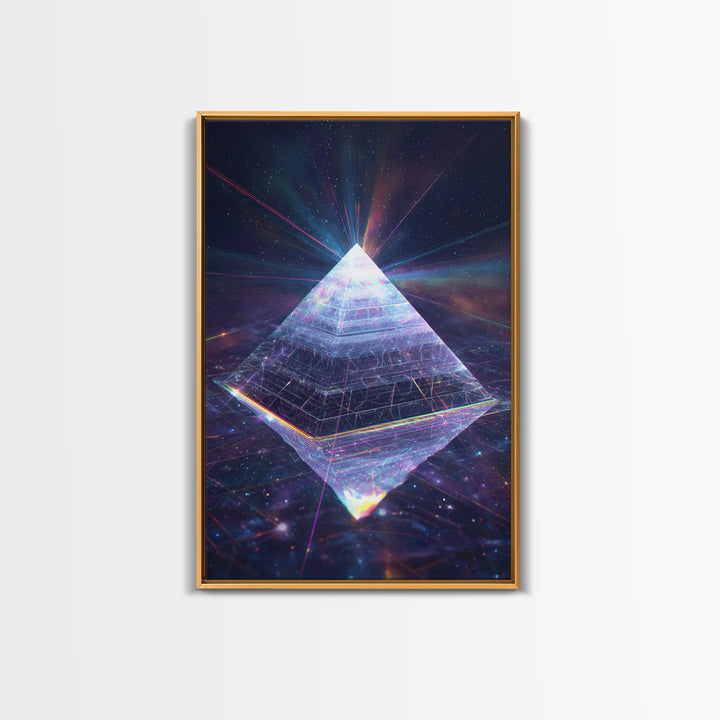Glowing Crystal Pyramid Framed Canvas Print, Celestial Space Wall Art, Sacred Geometry Decor For Modern Home And Office Decor