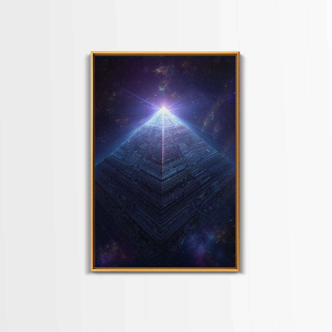 Luminous Cosmic Pyramid In Starry Space Wall Art, Geometric Sci Fi Art Print, Futuristic Decor, Mystical Statement Wall Art
