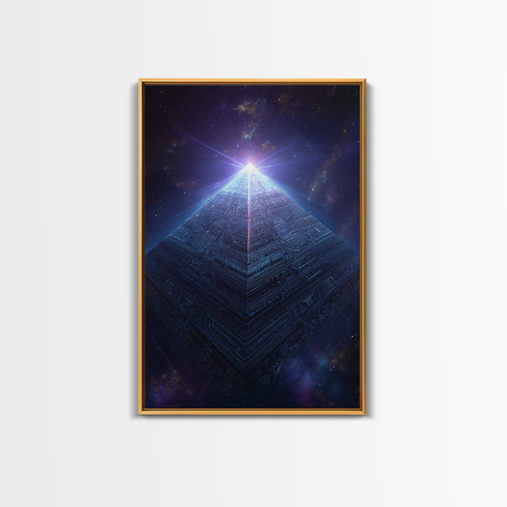 Luminous Cosmic Pyramid In Starry Space Wall Art, Geometric Sci Fi Art Print, Futuristic Decor, Mystical Statement Wall Art