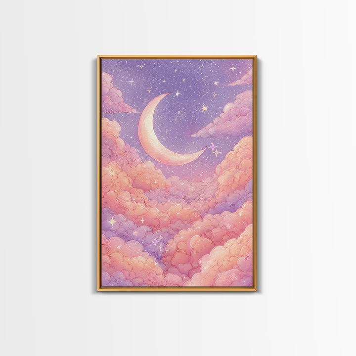 Pastel Crescent Moon In Pink Clouds Wall Art, Celestial Nursery Art, Dreamy Moon And Stars Decor For Bedroom Wall Decor Gift