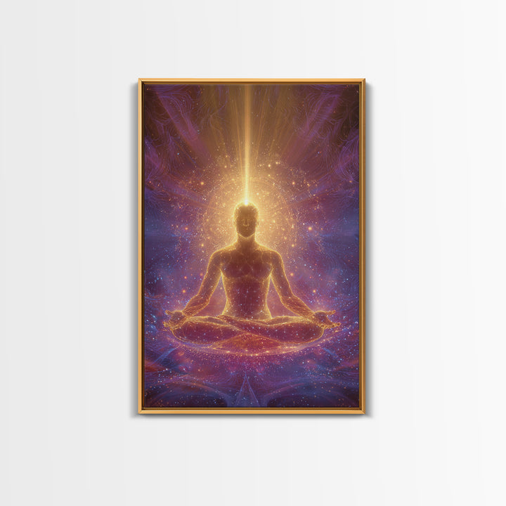 Spiritual Meditation Man Illuminated In Cosmic Energy Glow Wall Art Canvas Print For Mindfulness Home And Yoga