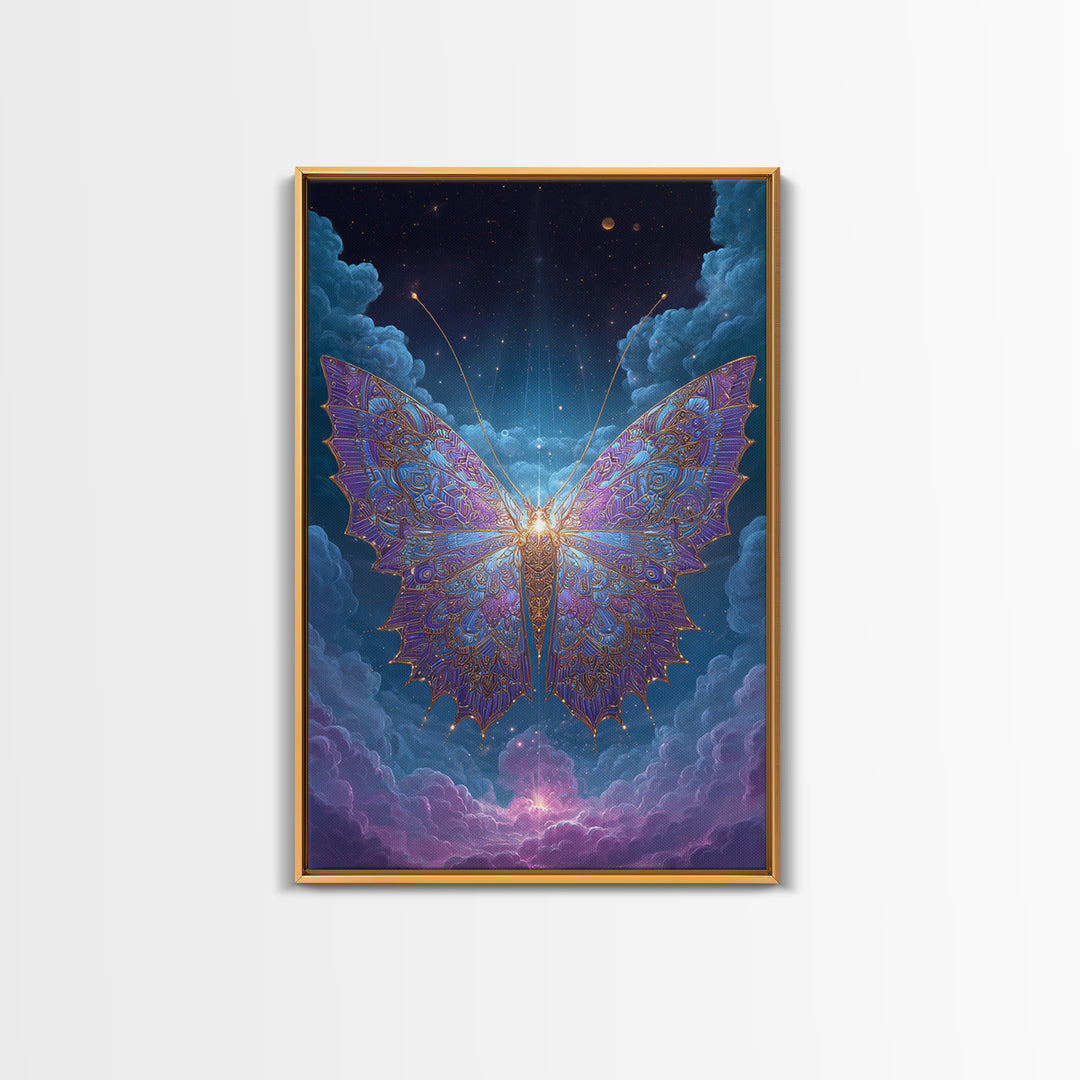 Radiant Celestial Butterfly Framed Canvas Print, Fantasy Insect Wall Art, Mystical Cloud Decor, Ethereal Nursery Gift Idea