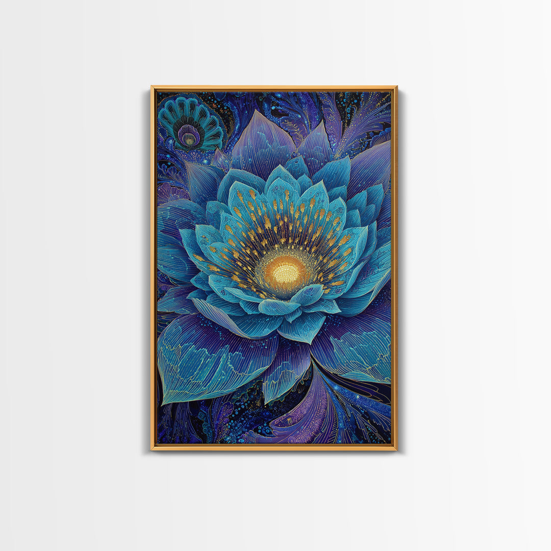 Radiant Blue Lotus Flower Wall Art, Spiritual Botanical Print, Meditation Room Decor, Boho Yoga Studio Canvas Gift For Her