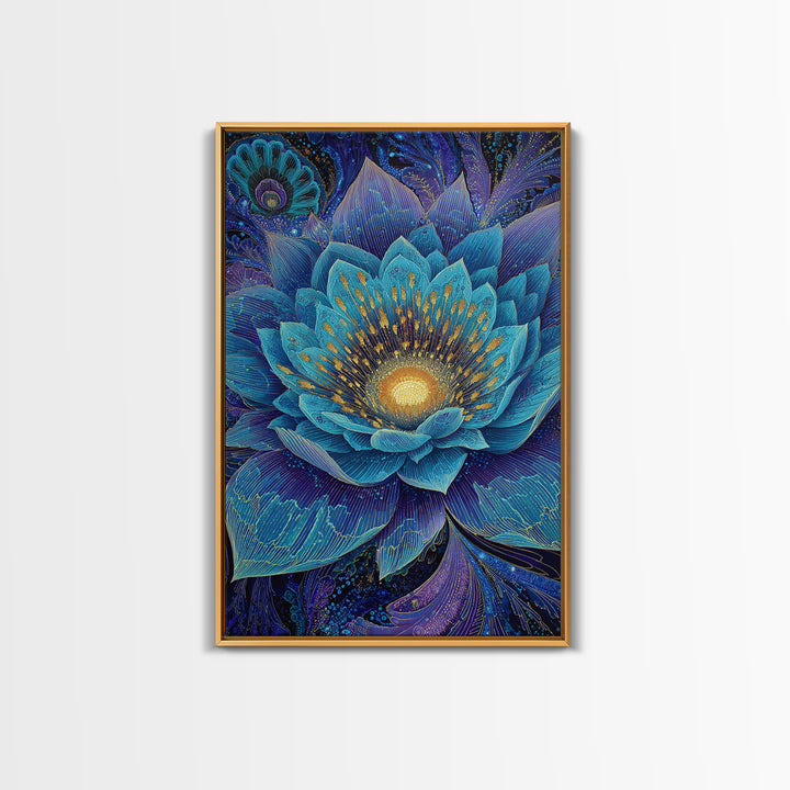 Radiant Blue Lotus Flower Wall Art, Spiritual Botanical Print, Meditation Room Decor, Boho Yoga Studio Canvas Gift For Her