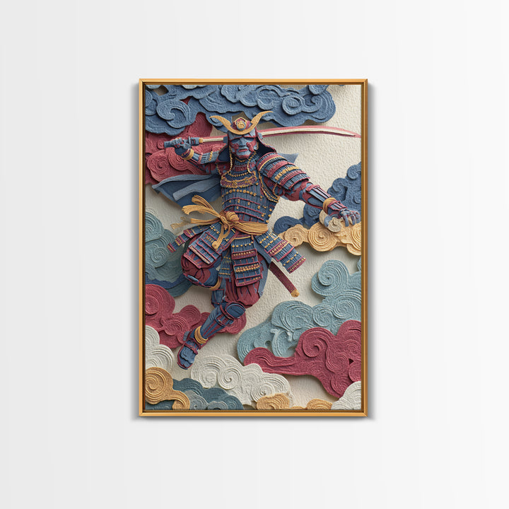 Blue Red Samurai Warrior With Katana Framed Canvas Print, Japanese Wall Art For Martial Arts Decor And Masculine Office Decor