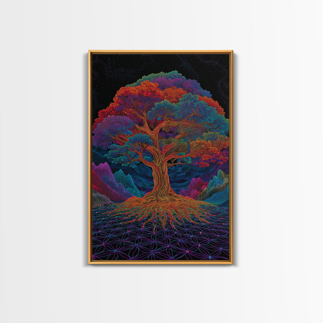 Vibrant Psychedelic Rainbow Tree With Abstract Roots Wall Art Canvas Print For Living Room And Boho Home Decor
