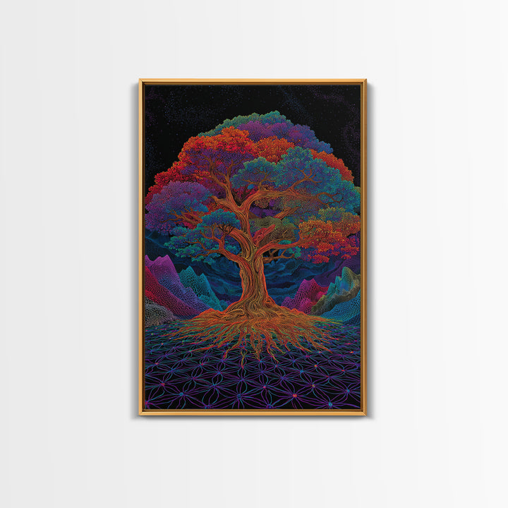 Vibrant Psychedelic Rainbow Tree With Abstract Roots Wall Art Canvas Print For Living Room And Boho Home Decor