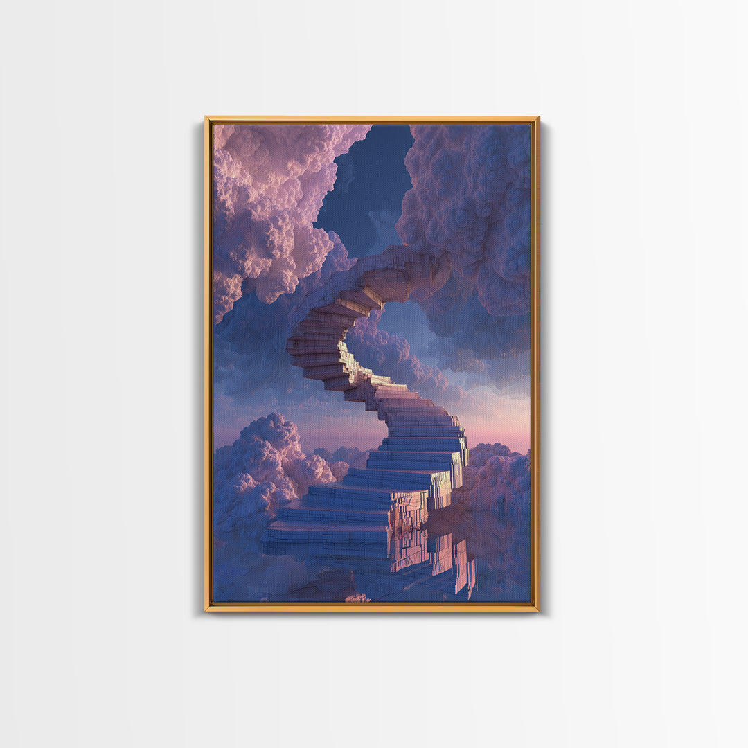 Stairway Through Pink Clouds Framed Canvas Print, Surreal Sky Wall Art, Dreamy Fantasy Decor, Ethereal Home Decor Gift Idea
